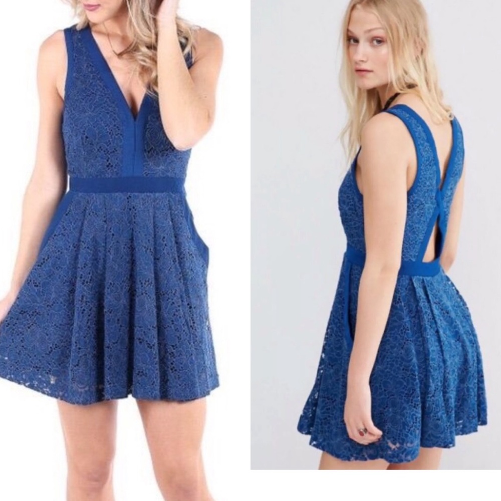 Free People Blue Lovely in Lace Flare Dress XS